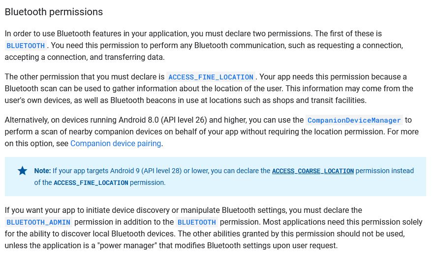 Extrait de la documentation bluetooth